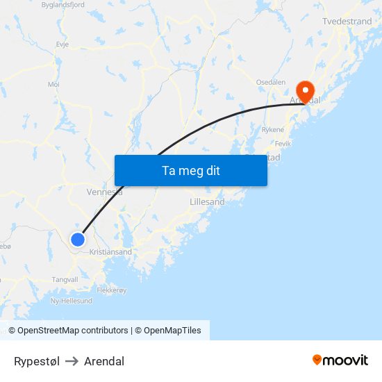 Rypestøl to Arendal map