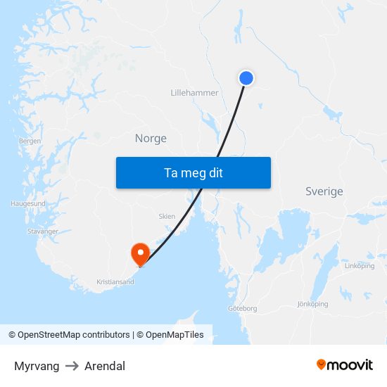 Myrvang to Arendal map