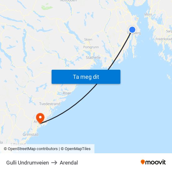 Gulli Undrumveien to Arendal map
