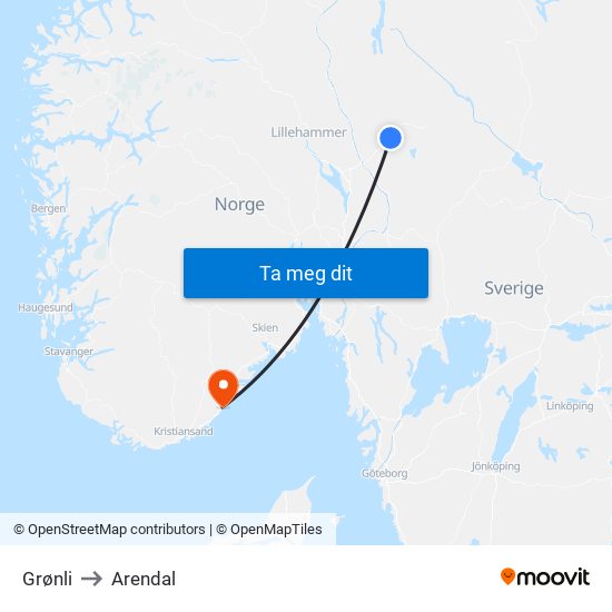 Grønli to Arendal map