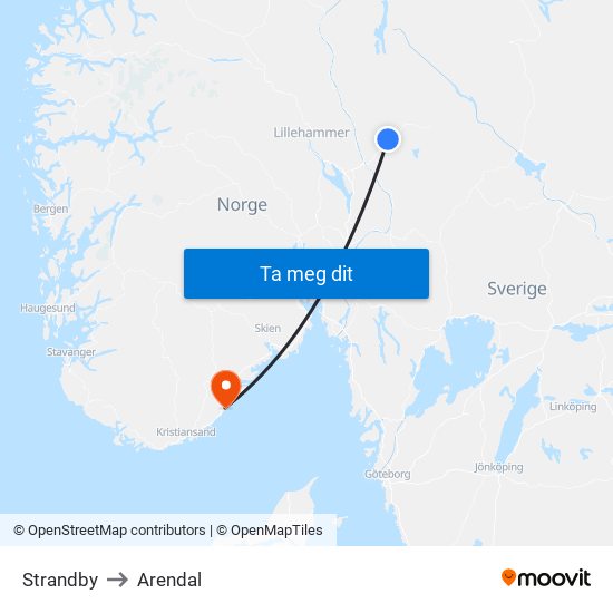 Strandby to Arendal map