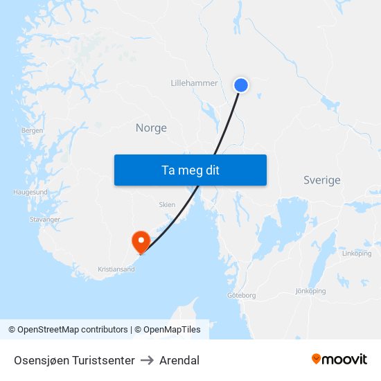 Osensjøen Turistsenter to Arendal map