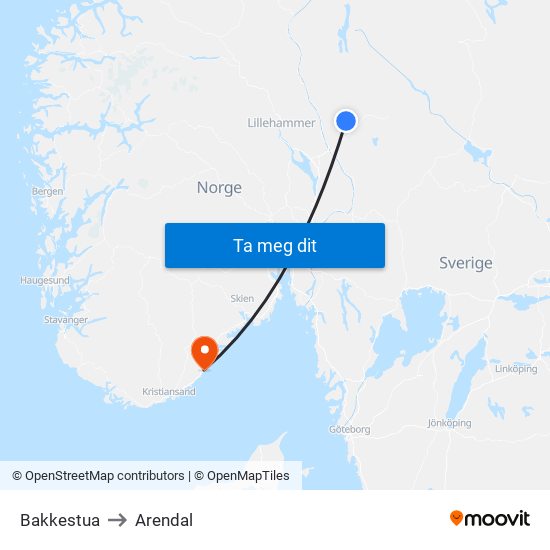 Bakkestua to Arendal map