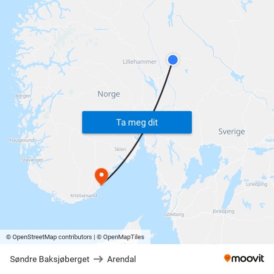 Søndre Baksjøberget to Arendal map