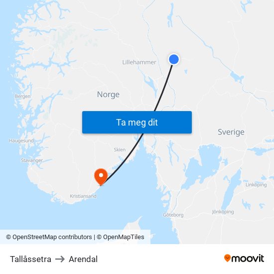 Tallåssetra to Arendal map