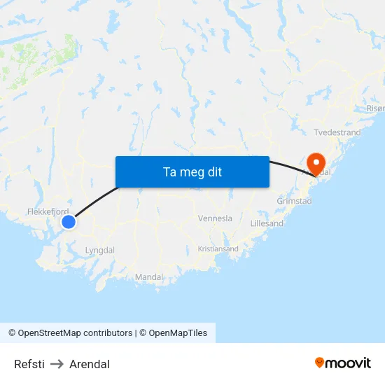Refsti to Arendal map