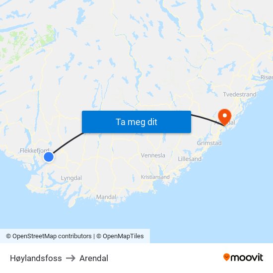 Høylandsfoss to Arendal map