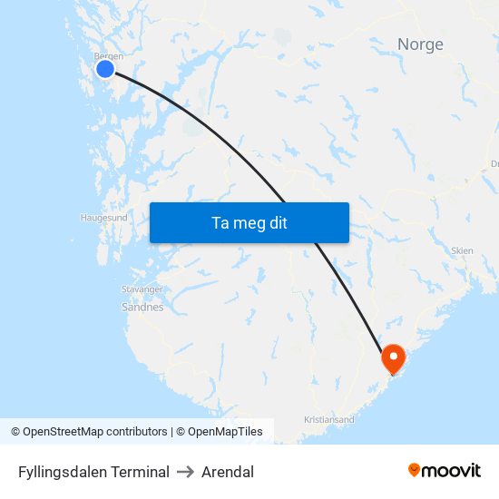 Fyllingsdalen Terminal to Arendal map