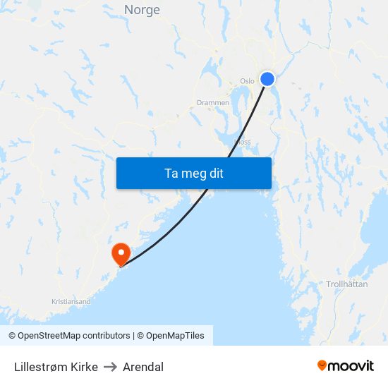 Lillestrøm Kirke to Arendal map