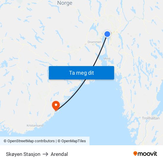 Skøyen Stasjon to Arendal map