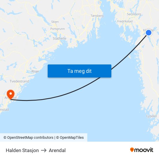 Halden Stasjon to Arendal map