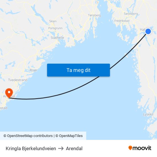 Kringla Bjerkelundveien to Arendal map