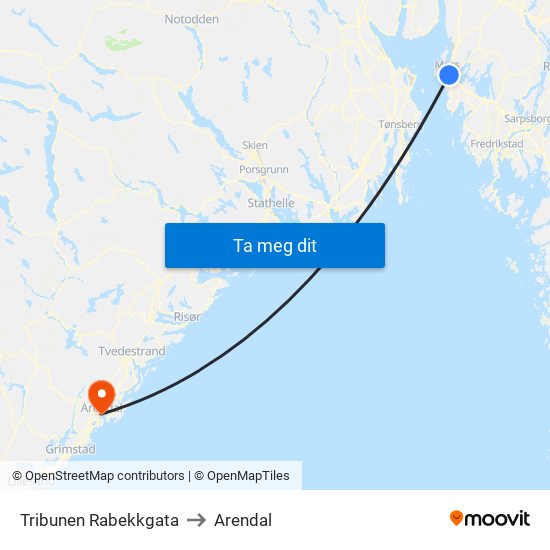 Tribunen Rabekkgata to Arendal map