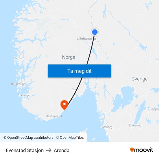 Evenstad Stasjon to Arendal map
