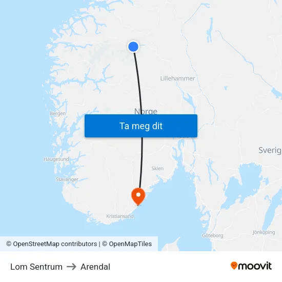 Lom Sentrum to Arendal map