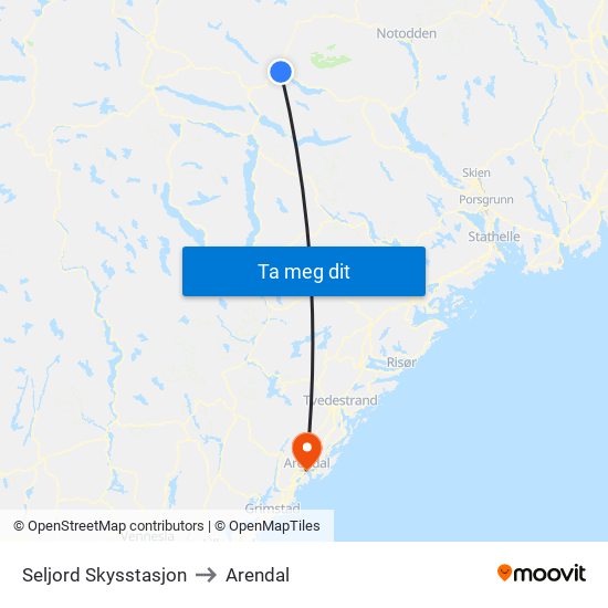 Seljord Skysstasjon to Arendal map