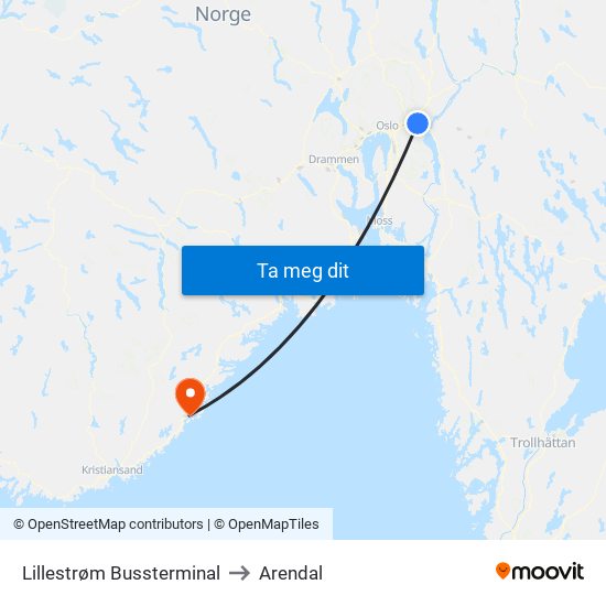 Lillestrøm Bussterminal to Arendal map