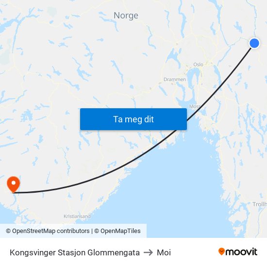 Kongsvinger Stasjon Glommengata to Moi map