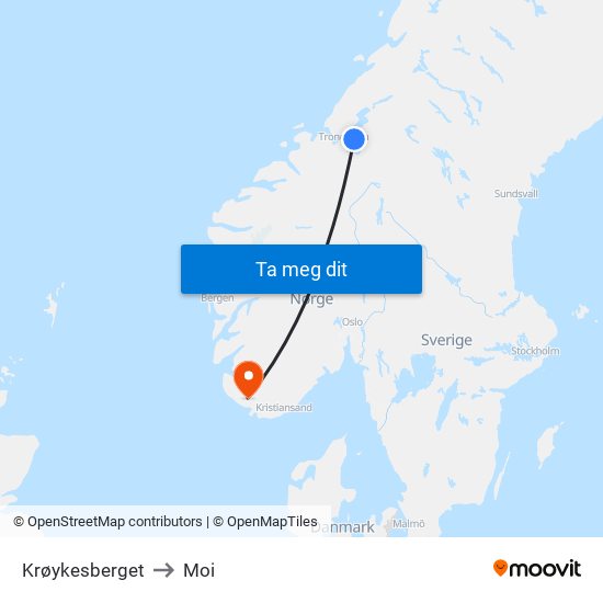 Krøykesberget to Moi map