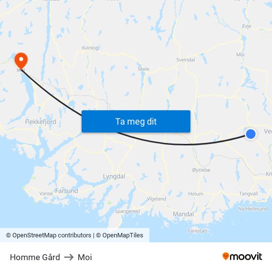 Homme Gård to Moi map