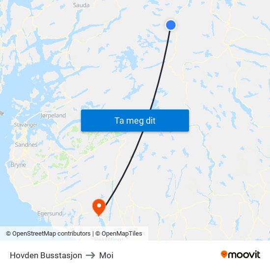 Hovden Busstasjon to Moi map