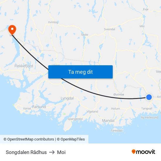 Songdalen Rådhus to Moi map