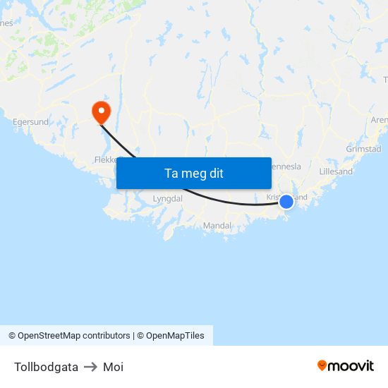 Tollbodgata to Moi map