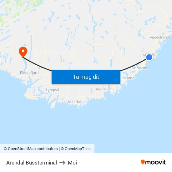 Arendal Bussterminal to Moi map