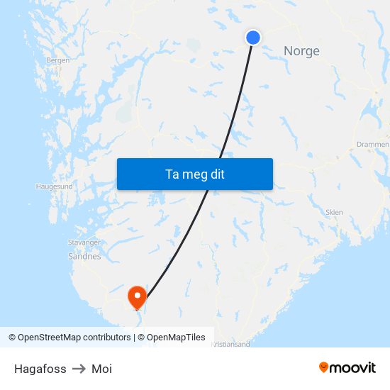 Hagafoss to Moi map