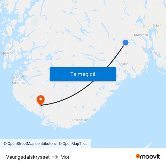 Veungsdalskrysset to Moi map