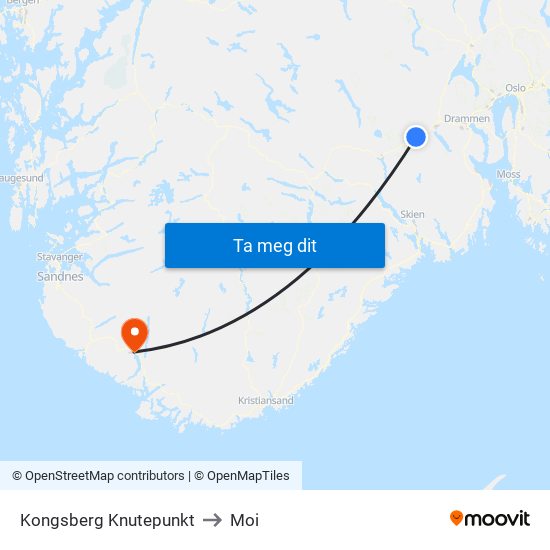 Kongsberg Knutepunkt to Moi map