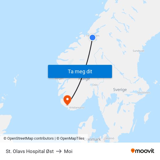 St. Olavs Hospital Øst to Moi map
