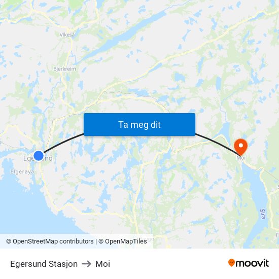 Egersund Stasjon to Moi map