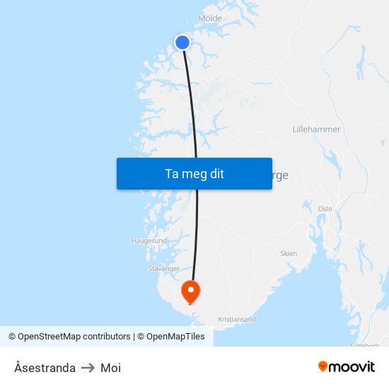 Åsestranda to Moi map