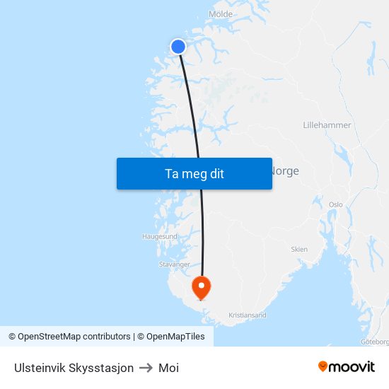 Ulsteinvik Skysstasjon to Moi map