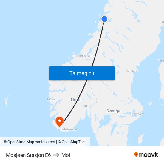 Mosjøen Stasjon E6 to Moi map
