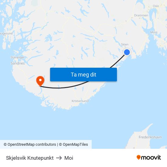 Skjelsvik Knutepunkt to Moi map