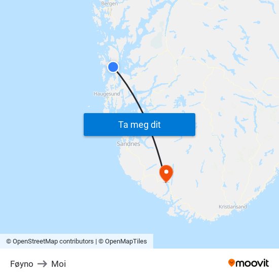 Føyno to Moi map