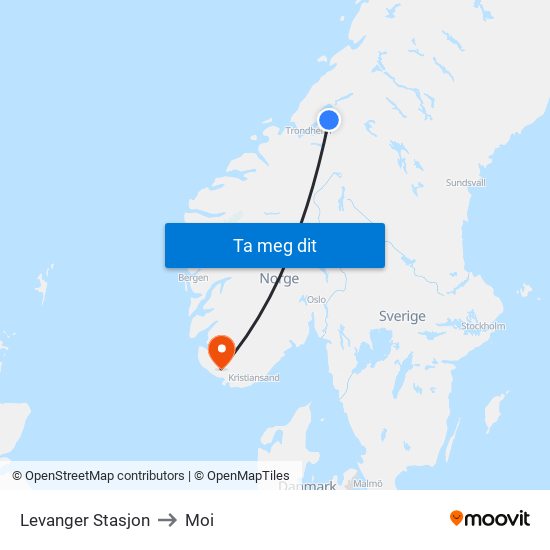 Levanger Stasjon to Moi map