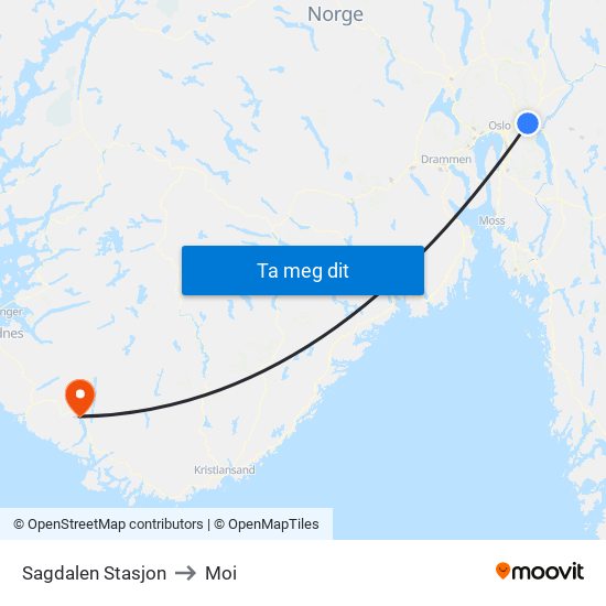 Sagdalen Stasjon to Moi map