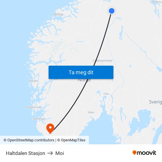 Haltdalen Stasjon to Moi map