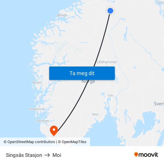 Singsås Stasjon to Moi map