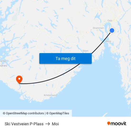 Ski Vestveien P-Plass to Moi map