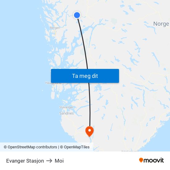 Evanger Stasjon to Moi map