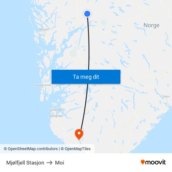Mjølfjell Stasjon to Moi map