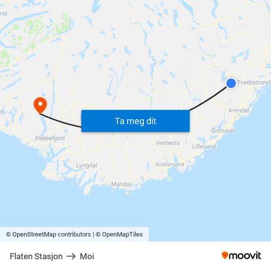 Flaten Stasjon to Moi map