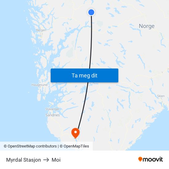 Myrdal Stasjon to Moi map