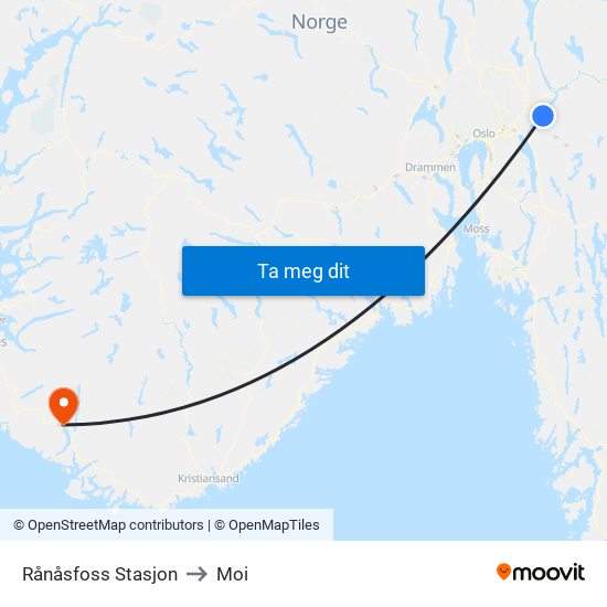 Rånåsfoss Stasjon to Moi map