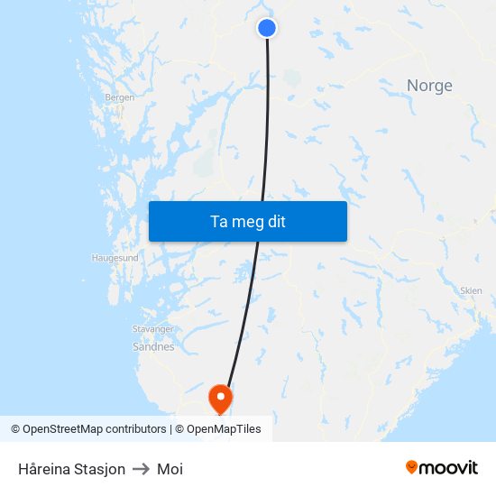 Håreina Stasjon to Moi map