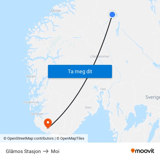 Glåmos Stasjon to Moi map